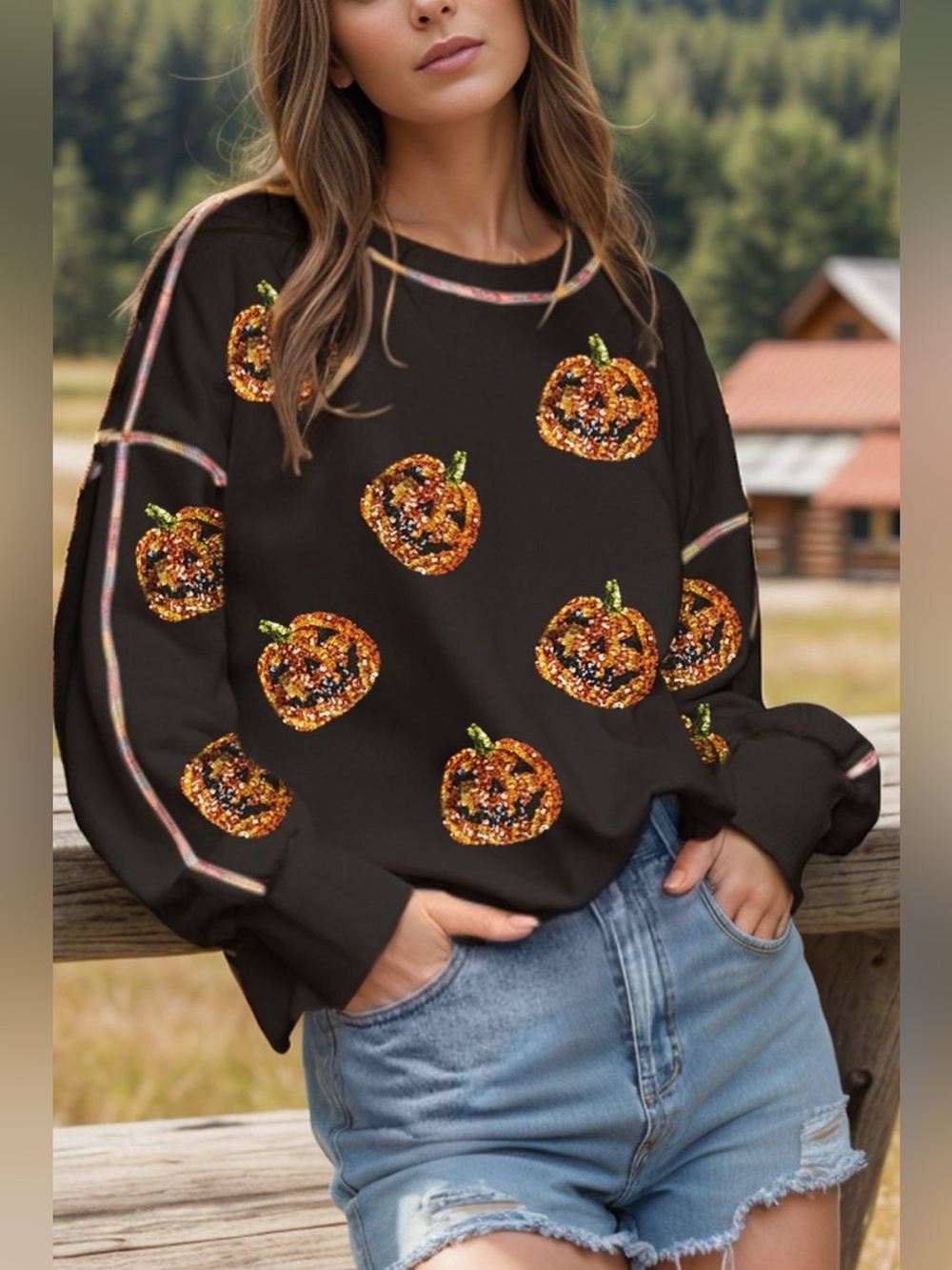 Sequin Pumpkin Round Neck Long Sleeve Sweatshirt